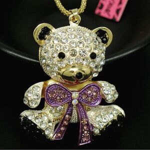 Purple Rhinestone Bow Bear Baby Pendant Necklace NWOT